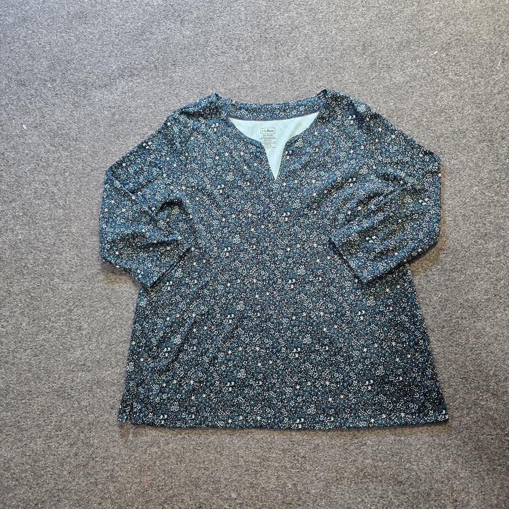 LL Bean Top Womens Size 1X Green Floral Supima Cotton 3/4 Sleeve Soft Casual